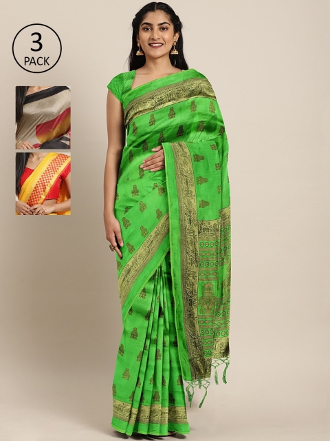 

KALINI Pack of 3 Sarees, Green