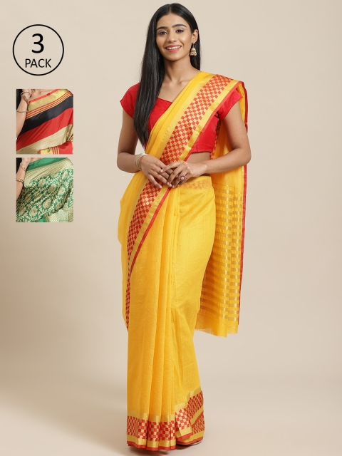 

KALINI Pack of 3 Solid Silk Cotton Sarees, Yellow