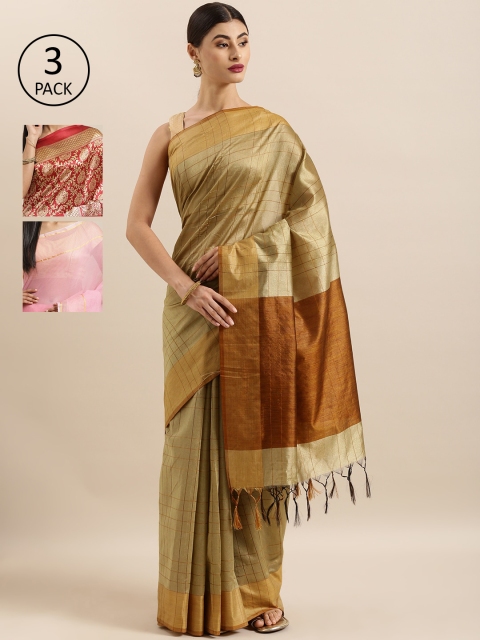 

KALINI Pack Of 3 Art silk Sarees, Beige