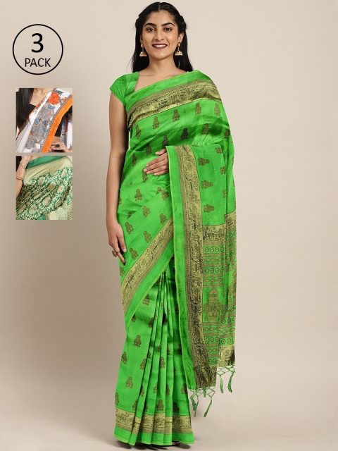 

KALINI Pack of 3 Printed Khadi Silk Blend Sarees, Green