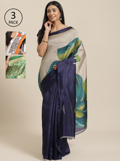 

KALINI Pack of 3 Printed Sarees, Navy blue