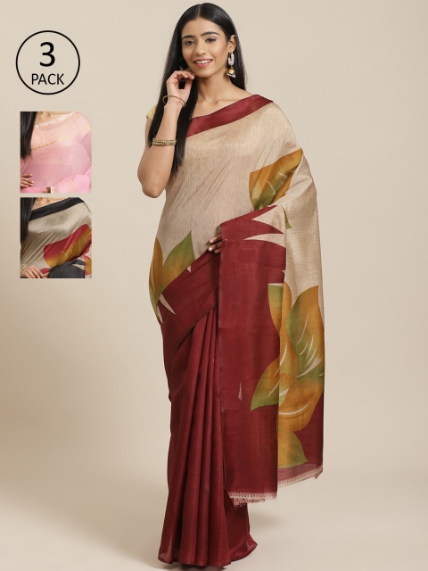 

KALINI Pack of 3 Printed Mysore Silk Sarees, Beige