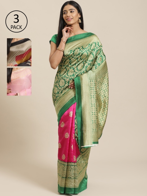 

KALINI Pack of 3 Printed Sarees, Green