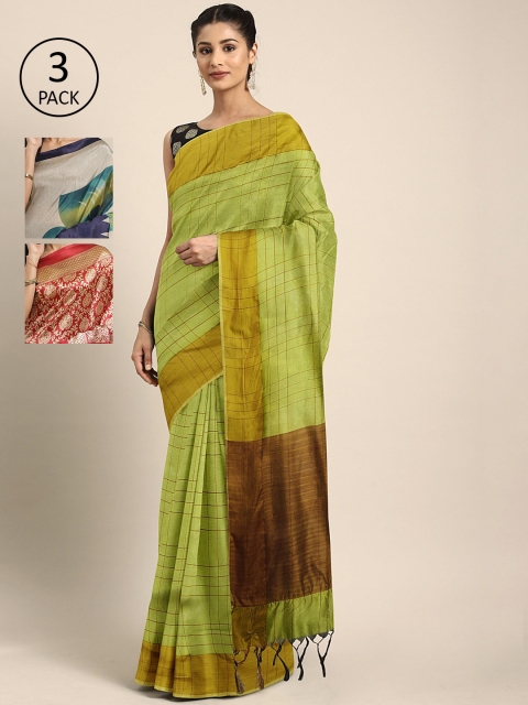 

KALINI Pack of 3 Printed Art Silk Sarees, Lime green