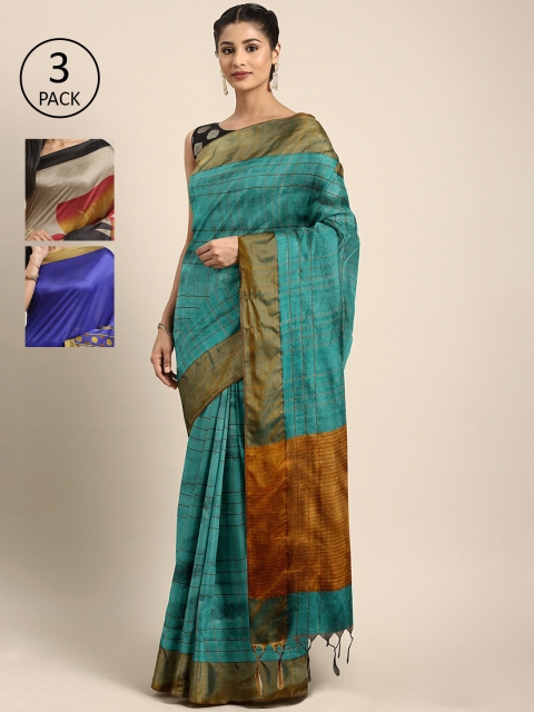 

KALINI Pack of 3 Printed Art Silk Sarees, Teal