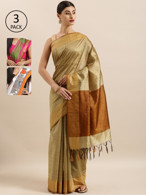 

KALINI Pack of 3 Checked Art Silk Tussar Sarees, Beige