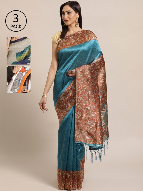 

KALINI Pack of 3 Printed Sarees, Teal