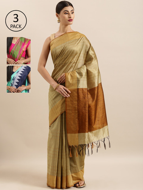 

KALINI Pack of 3 Printed Sarees, Beige