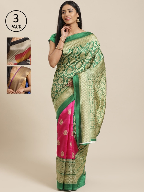 

KALINI Pack Of 3 Art silk Sarees, Green
