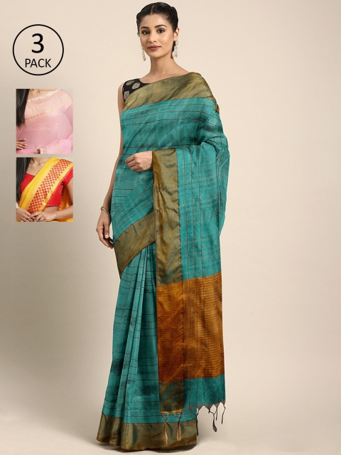 

KALINI Pack of 3 Checked Art Silk Sarees, Teal