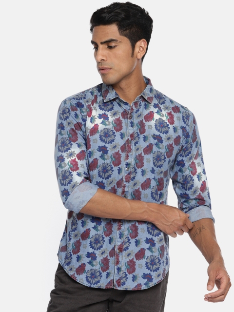 

Basics Men Blue & Burgundy Slim Fit Printed Casual Shirt