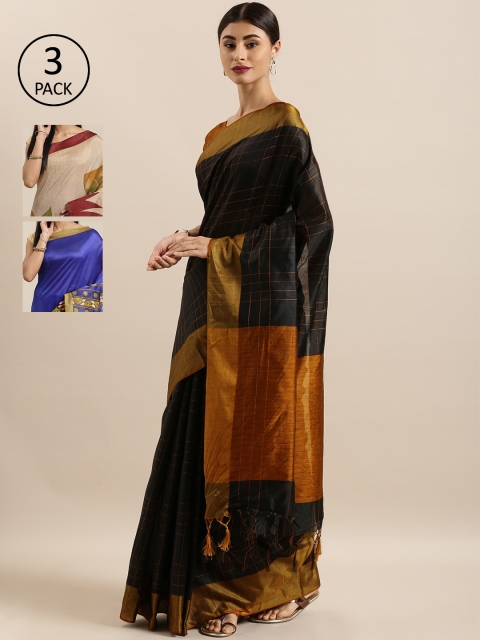 

KALINI Pack of 3 Woven Design Art Silk Tussar Sarees, Black