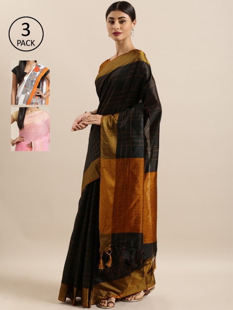 

KALINI Pack Of 3 Art Silk Sarees, Black