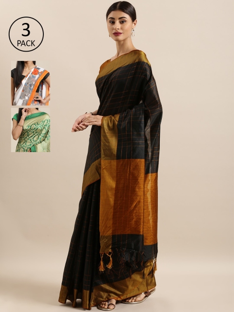 

KALINI Pack Of 3 Art Silk Sarees, Black