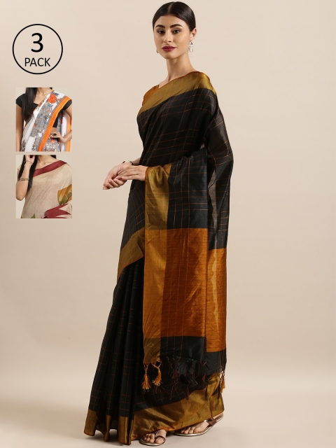 

KALINI Pack Of 3 Art Silk Sarees, Black