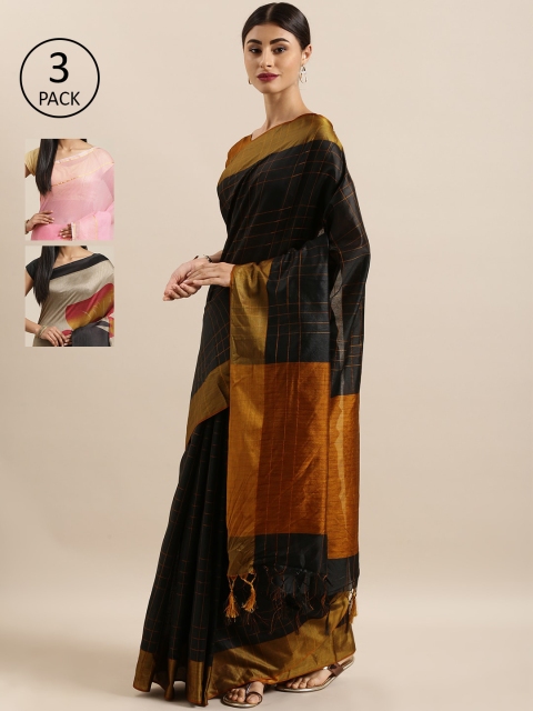 

KALINI Pack Of 3 Art Silk Sarees, Black