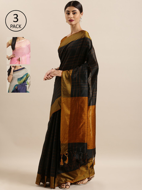 

KALINI Pack Of 3 Art Silk Sarees, Black