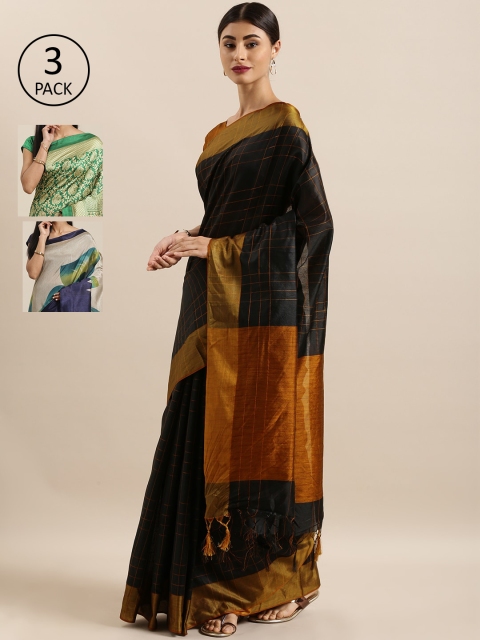 

KALINI Pack Of 3 Art Silk Sarees, Black