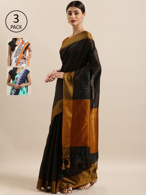 

KALINI Pack Of 3 Art Silk Sarees, Black