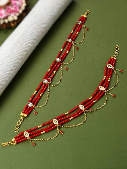 

Zaveri Pearls Gold-Plated & Red Kundan Studded Anklets