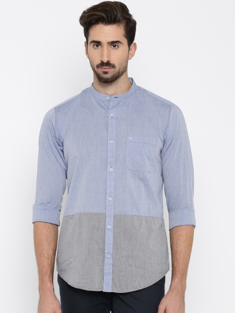 

Basics Blue & Grey Colourblocked Slim Fit Casual Shirt