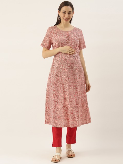 

Nejo Women Rust Red & White Geometric Printed Maternity Kurta