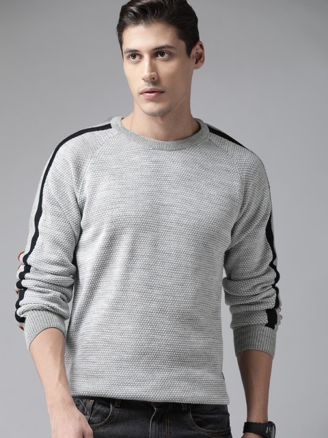 

Roadster Men Grey & White Self-Design Pullover
