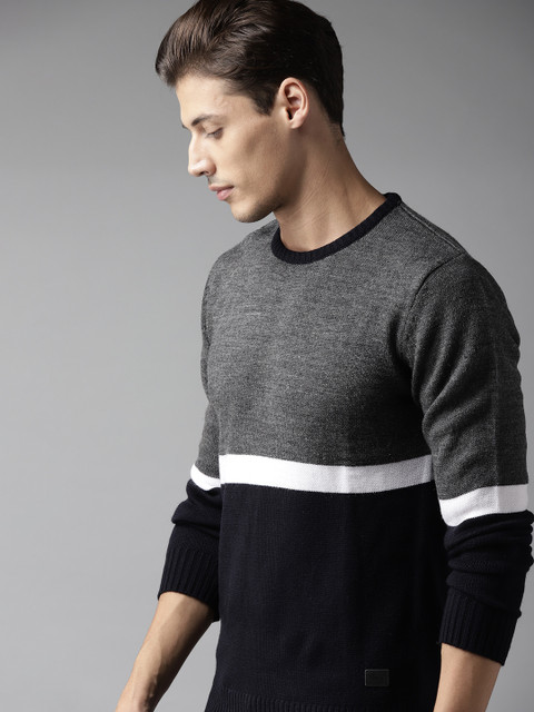 

Roadster Men Charcoal Grey & Black Colourblocked Pullover