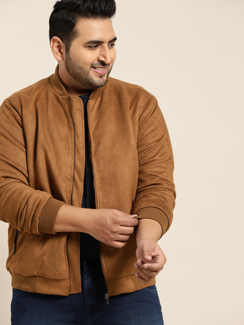 

Sztori Men Plus Size Tan Brown Solid Suede Finish Bomber Jacket