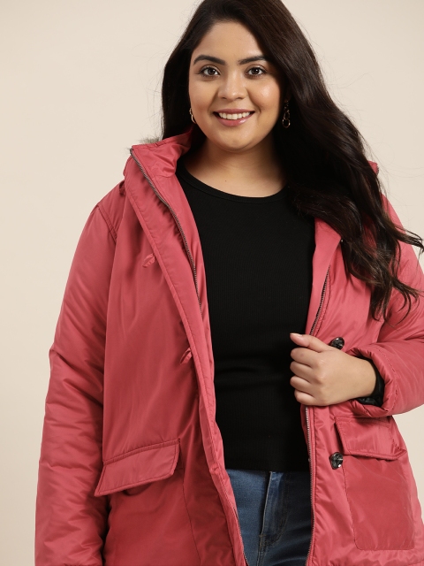 

Sztori Women Plus Size Pink Longline Hooded Parka Jacket