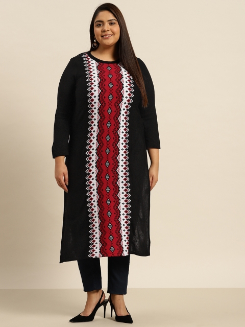 

Sztori Women Plus Size Black & Red Ethnic Motifs Jacquard Knit Winter Kurta