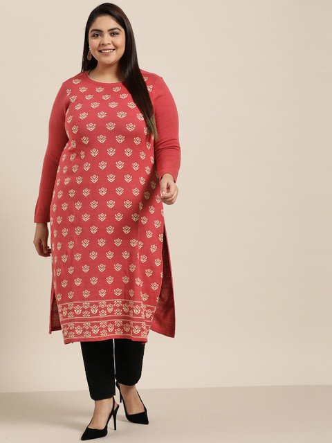 

Sztori Women Plus Size Pink & Beige Ethnic Motifs Jacquard Winter Straight Kurta
