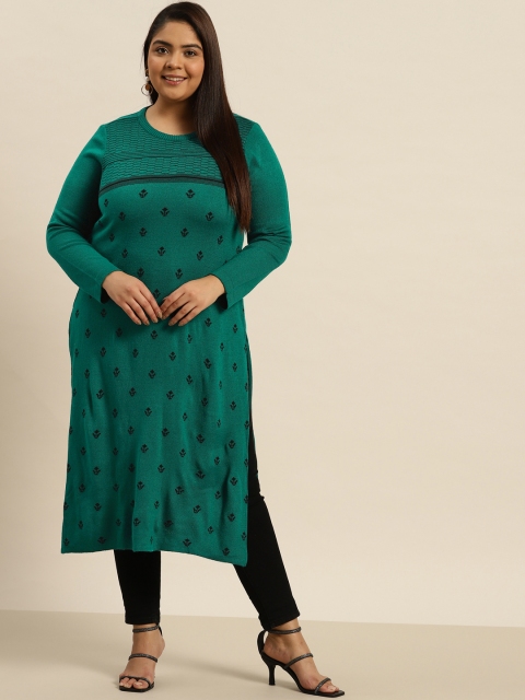 

Sztori Women Plus Size Teal Green Ethnic Motifs Jacquard Knit Winter Kurta