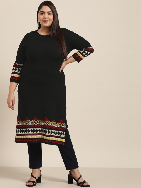 

Sztori Women Plus Size Black & Red Geometric Hem Design Jacquard Winter Straight Kurta