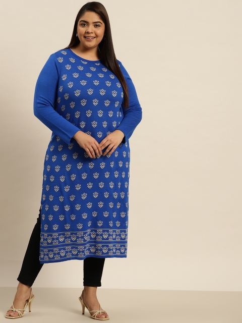 

Sztori Women Plus Size Blue & Cream-Coloured Ethnic Motifs Winter Kurta