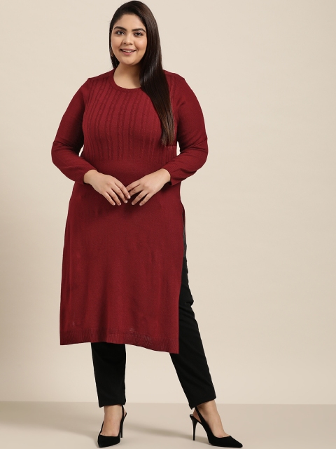 

Sztori Women Plus Size Maroon Yoke Cable Knit Jacquard Winter Straight Kurta