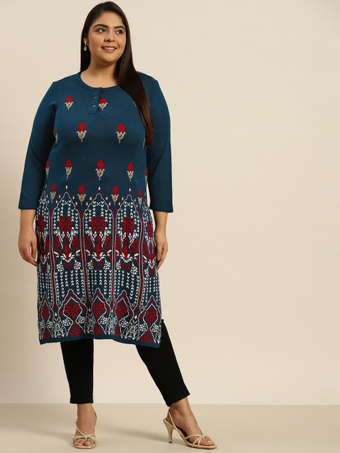 

Sztori Women Plus Size Navy & Red Ethnic Motifs Jacquard Knit Winter Kurta, Navy blue
