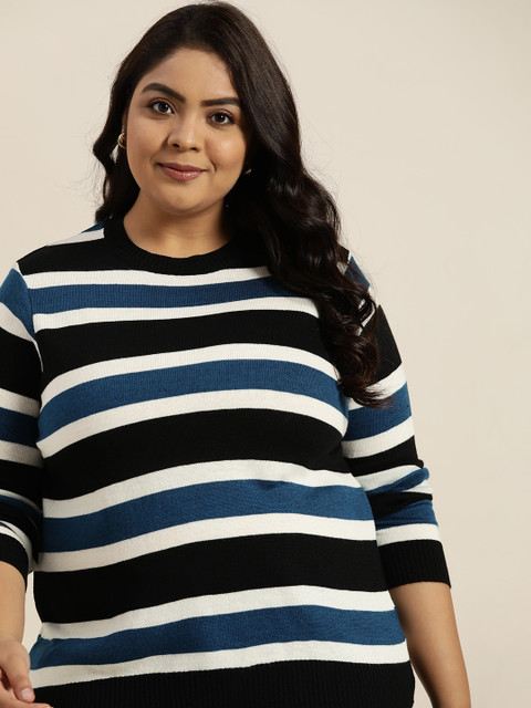 

Sztori Women Plus Size Black & Navy Blue Striped Pullover Sweater