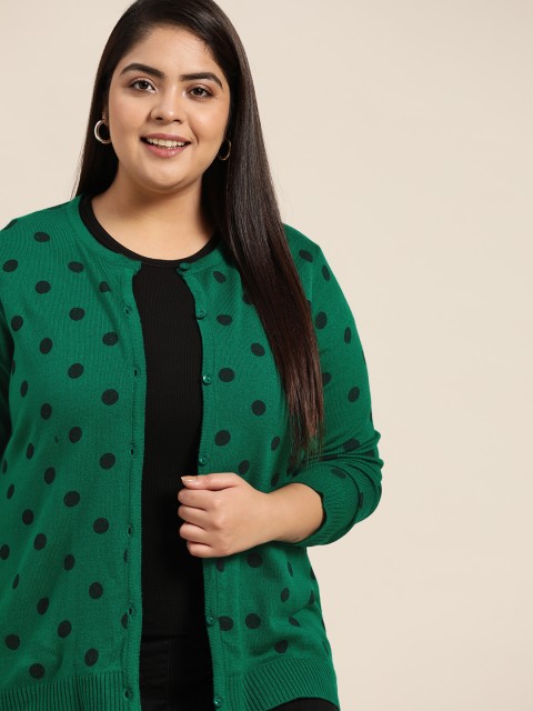 

Sztori Plus Size Women Green & Black Polka Dots Printed Cardigan