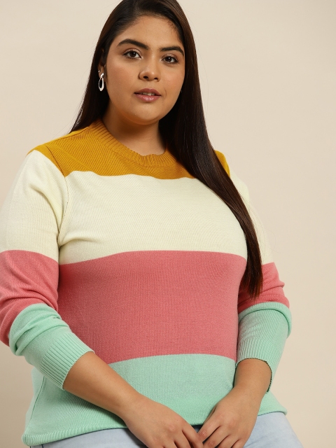 

Sztori Women Plus Size Off White & Peach-Coloured Colourblocked Pullover