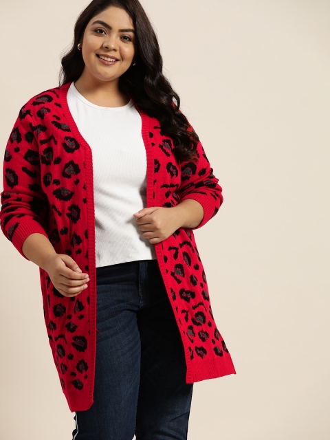 

Sztori Women Plus Size Red & Black Self Designed Longline Front-Open Sweater