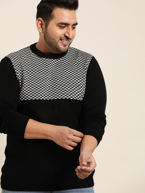 

Sztori Men Plus Size Black & White Geometric Woven Design Jacquard Pullover