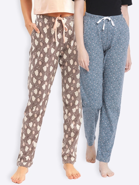 

Kanvin Women Pack of 2 Printed Pure Cotton Lounge Pants, Grey