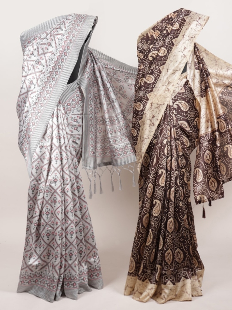 

Pothys Pack Of 2 Jute Silk Printed Sarees, White