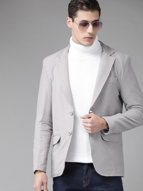 

Roadster Men Grey Solid Single Breasted Knitted Blazer