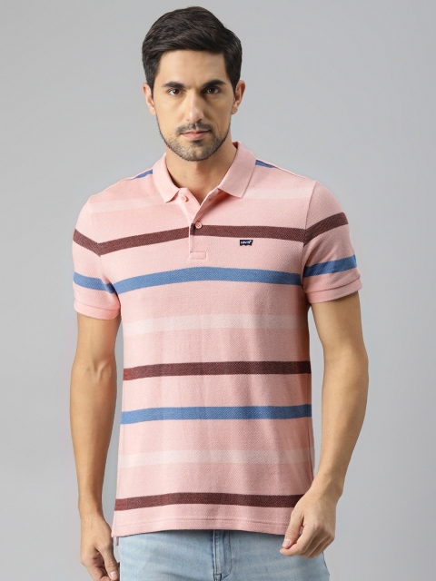 

Levis Men Pink & Brown Pure Cotton Striped Polo Collar T-shirt