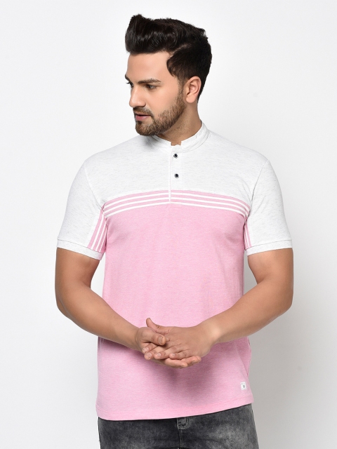 

Octave Men Pink & White Colourblocked Mandarin Collar T-shirt