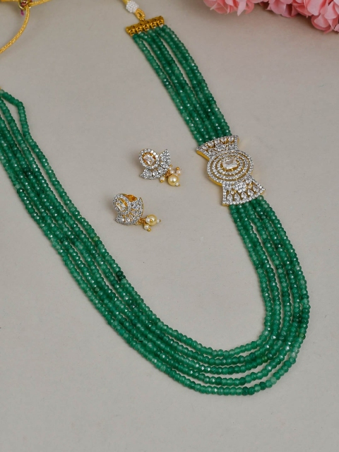 

Silvermerc Designs Gold-Plated White & Green Onyx Beaded & AD-Studded Jewellery Set