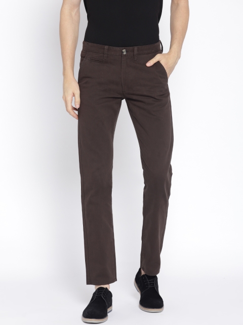 

Peter England Casuals Men Olive Brown Slim Fit Flat-Front Trousers