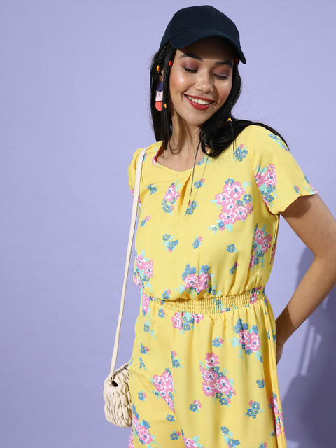 

DressBerry Women Yellow Floral Cinched Waist Dress